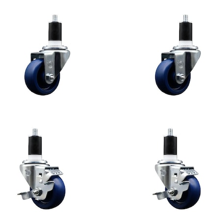 Service Caster 3'' SS Solid Poly Wheel Swivel 1-1/2'' Expanding Stem Caster Set 2 Brakes, 4PK SCC-SSEX20S314-SPUS-2-TLB-2-112